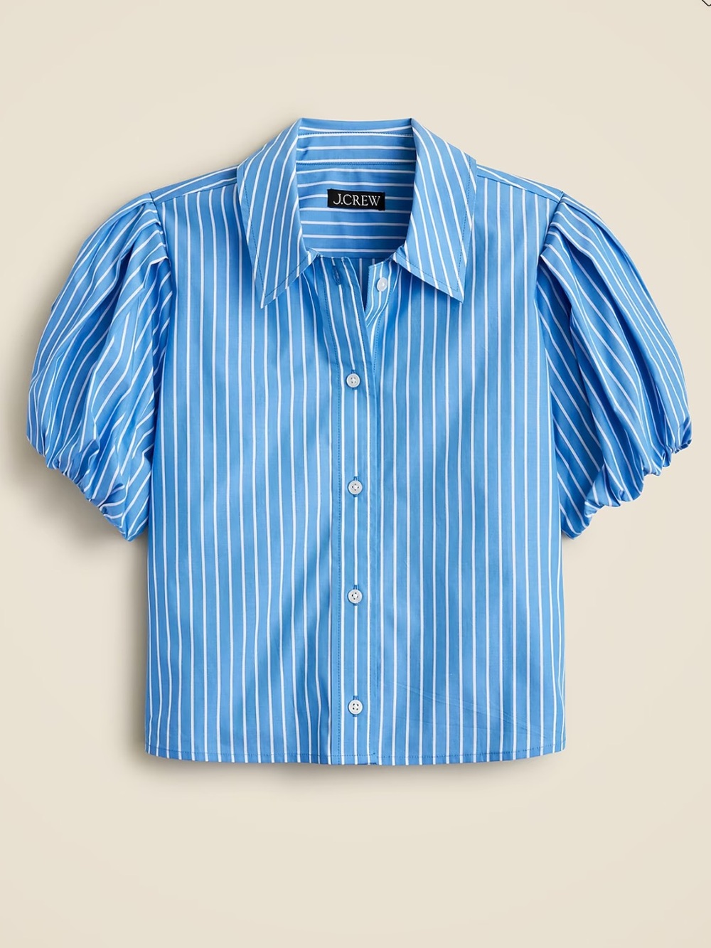 J. Crew Blue & White Striped Puff-Sleeve Button Down Shirt